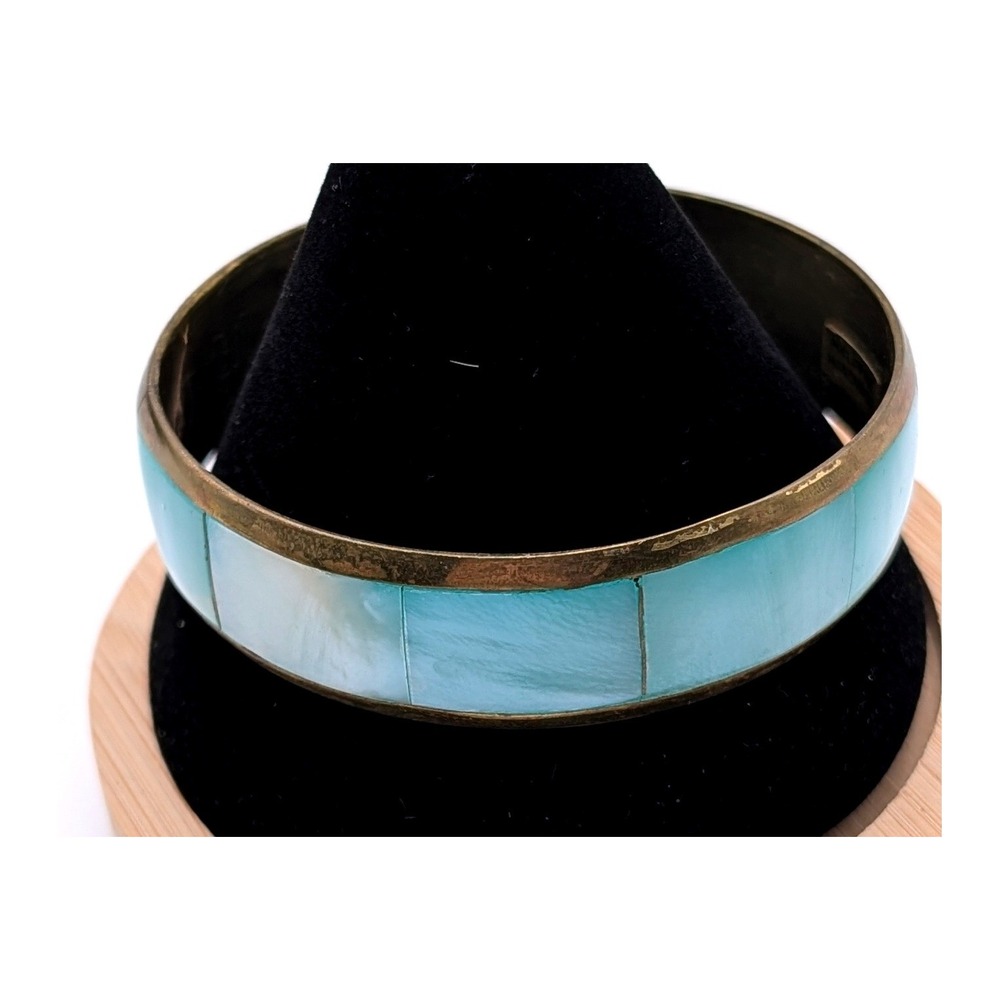 Vintage Philippine Handmade Brass Bangle Turquoise Mother of Pearl Shell Inlay